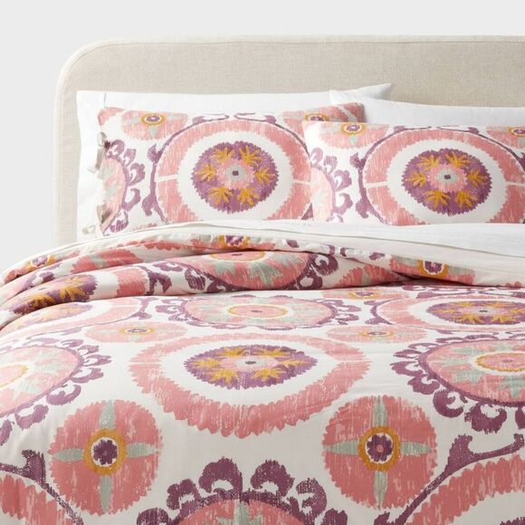 King Boho Suzani Print Duvet Cover and Sham Set Ivory/Salmon Oran Orange - Picture 1 of 4